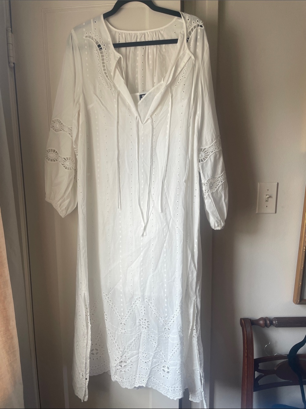 Boho White Eyelet Maxi Dress with Tie Neck